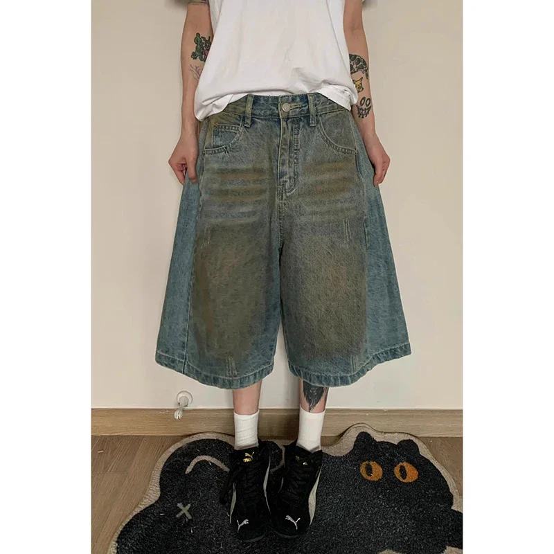 

2025 Vintage Y2K Wash Denim Shorts Women Summer 2000s Distressed Blue Wide Leg Baggy Jeans Jorts Streetwear Casual Clothes