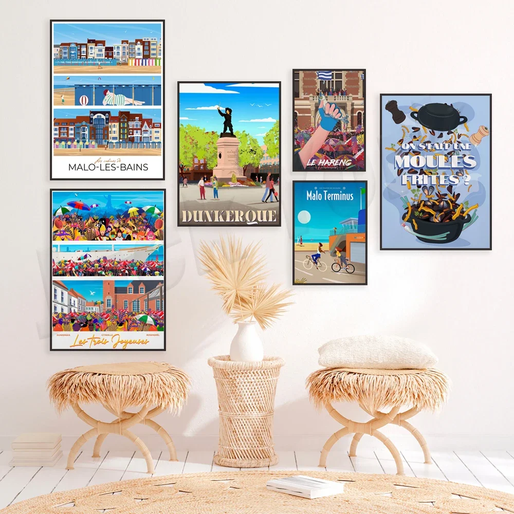 Dunkirk - port, Grand Place of Lille, Malores-les-Bains - beach, Dunkirk, Place Jean Bart, mussel fries, Toulouse, travel poster