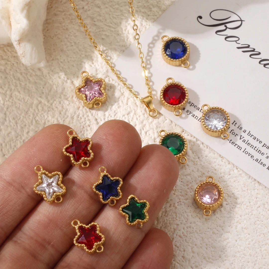 5 Stück Edelstahl-Strass-Anhänger, runde Stern-Charms, lose Anhänger mit Doppelloch für DIY-Halsketten, Armbänder und Schmuckherstellung – Detail 1