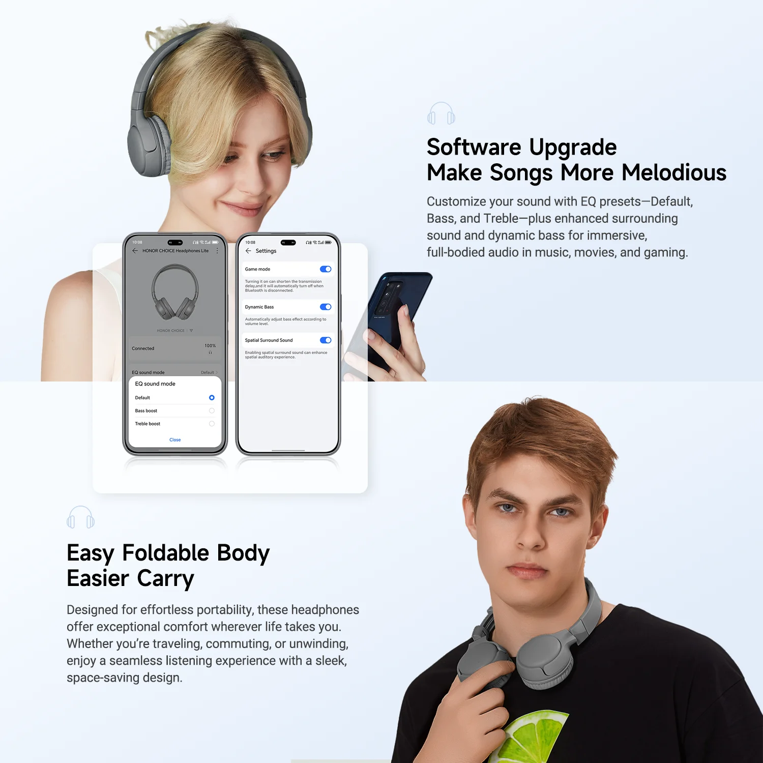 HONOR Kopfhörer Lite 82H Spielzeit, ENC-Anrufe, Dual Connect BT 5.4, Verlustfreies Audio & EQ, Räumlicher Klang, Tastensteuerung, IP54 – Detail 2