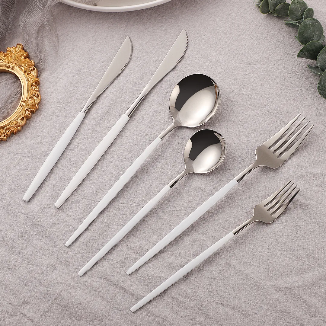 

6Pcs White Silver Cutlery Set Stainless Steel Dinnerware Set Silverware Tableware Fork Spoon Knife Icetea Spoon Flatware Set