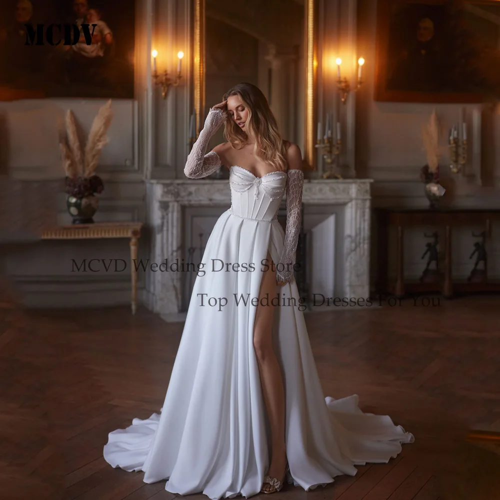 

MCDV Sweetheart Beading A-Line Pleat Wedding Dresses Women Detachable Sleeve Satin Split Bridal Gown Vestido De Novia Customized
