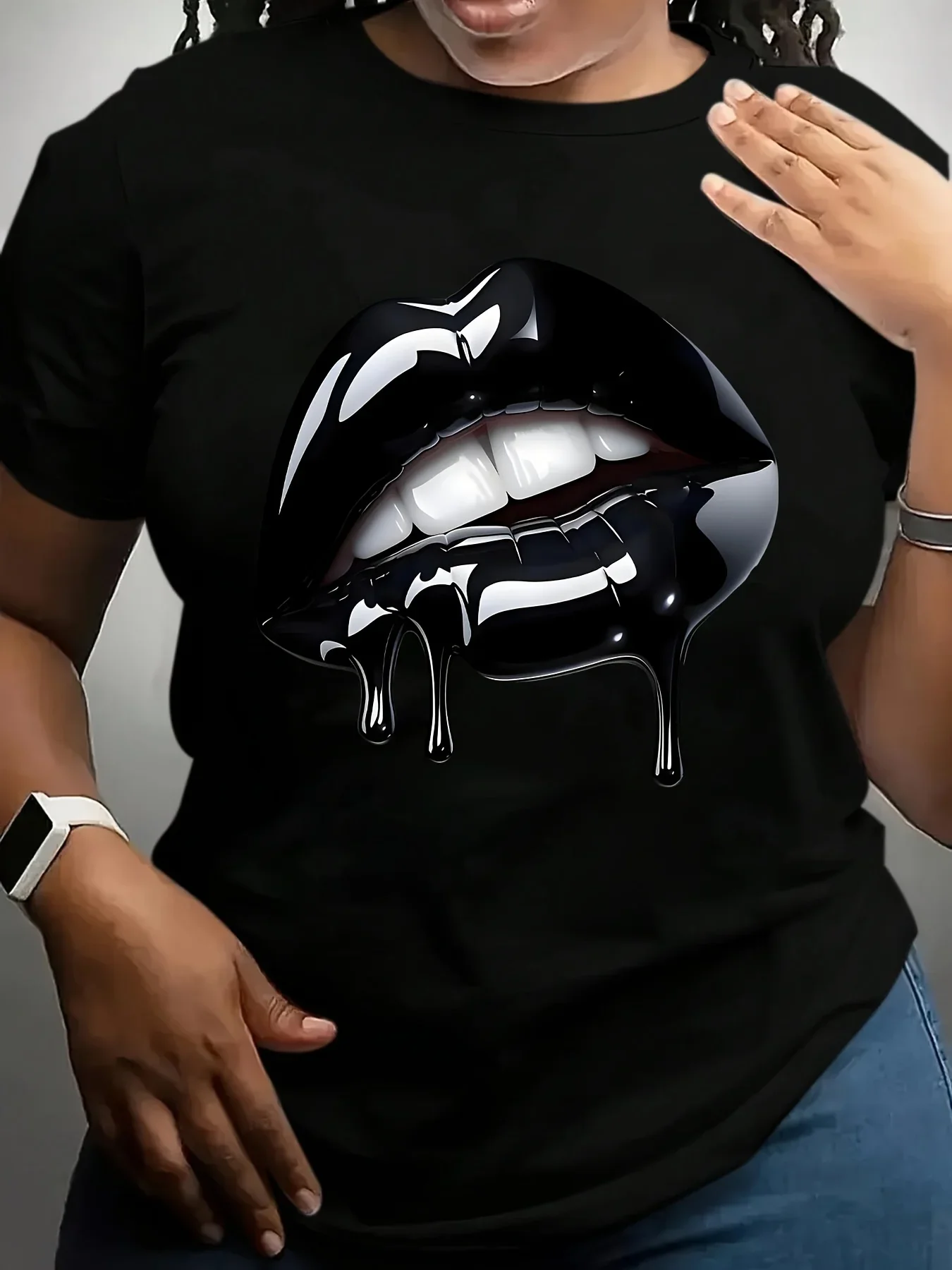 Women'S Oversized Lips Print T-Shirt with Glossy Lip Design Breathable Round Neck Short Sleeve Casual Top Fashion Kawaii T-shirt