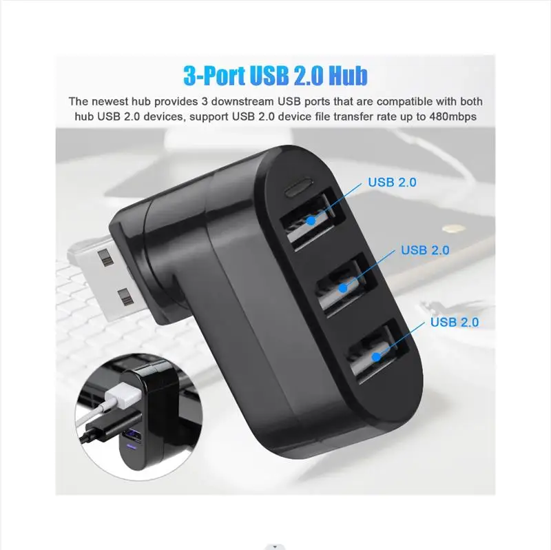 Divisor usb 3 portas usb hub adaptador rotativo hub de dados 2.0 extensor