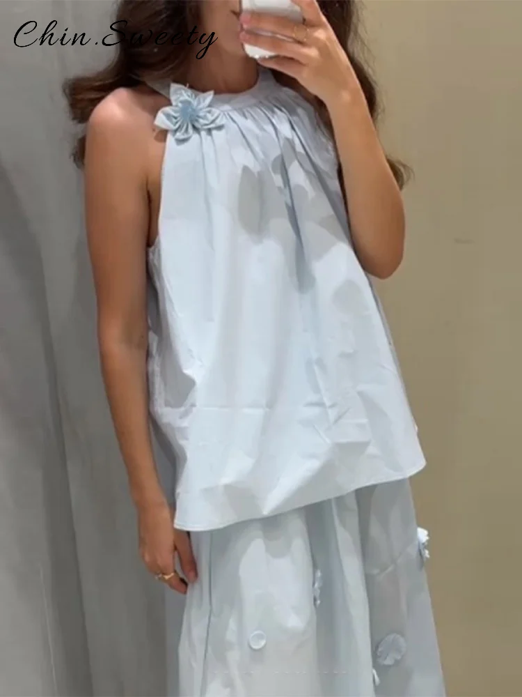

Fashion 3D Decal Long Skirts Sets Women Loose O-neck Sleeveless Vest Elastic Waist A-line Pleated Skirt 2025 Summer Lady Suits