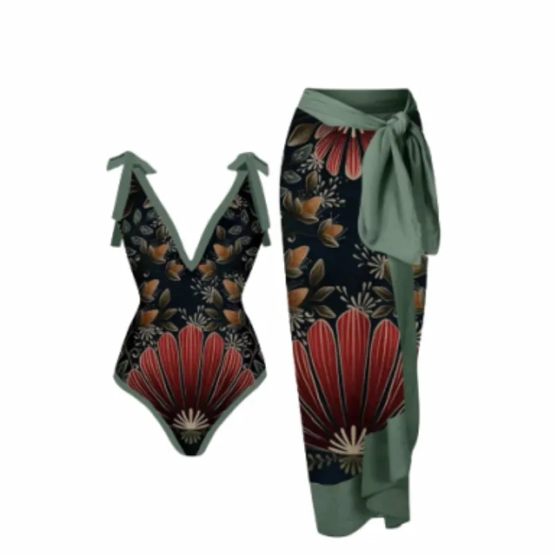 

2025 new ins style retro printing one-piece bikini conservative belly cover and thin beach skirt hot spring swimsuit set