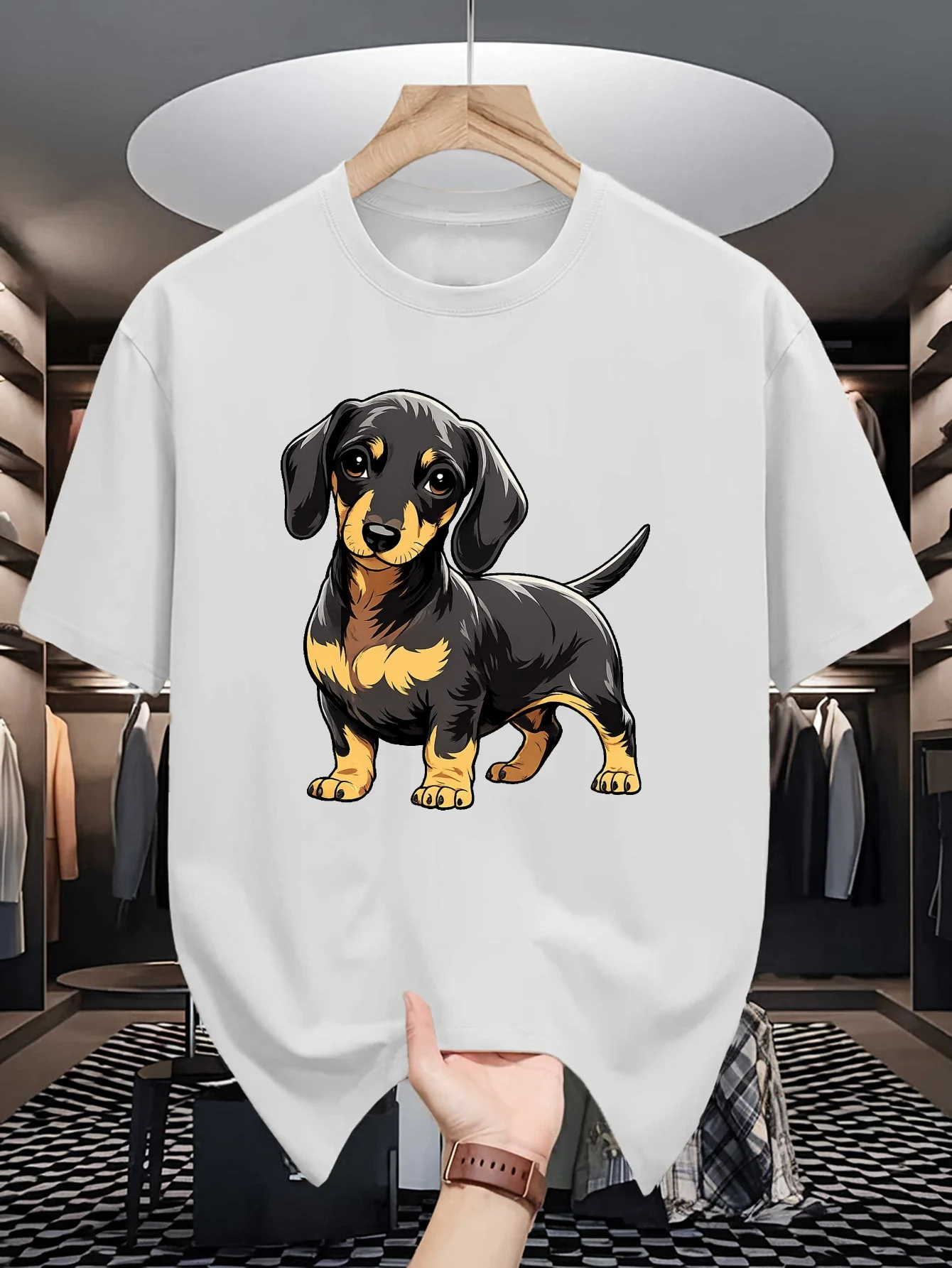 Cute Dachshund Mens Crew Neck T Shirt Black And Tan Sausage Dog Realistic Cartoon Pet Graphic Short Sleeve Casual Street Tops