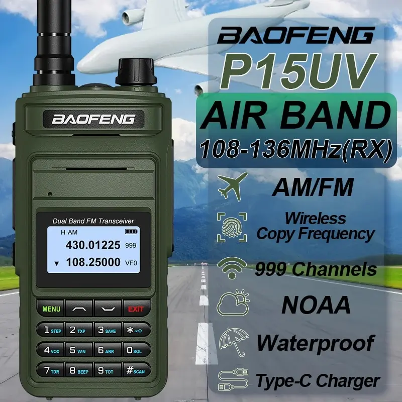 Baofeng Walkie Talkie P15UV Air Band FM/AM Long Range Wireless Copy Frequency NOAA Multi-Bands Two Way Radio Type-C Ham Radios