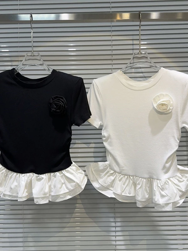 

Удобная женская футболка с коротким рукавом и цветочным принтом, пышная юбка с цветочной брошью в корейском стиле, для повседневной носки, стандартная длина