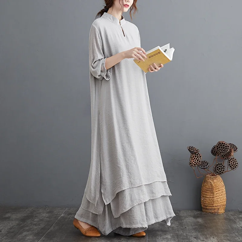 2Pcs Summer Chinese Traditional Women Hanfu Top Pants Set Kung Fu Suit Outfits Cotton Linen Loose Casual Streetwear Solid Color