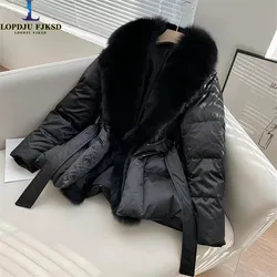 Women's White Duck Down Jacket, 90% Duck Down, Korean Parkas,Female Clothing,Faux Fox Fur Collar,Adjustable Waist, Winter,New