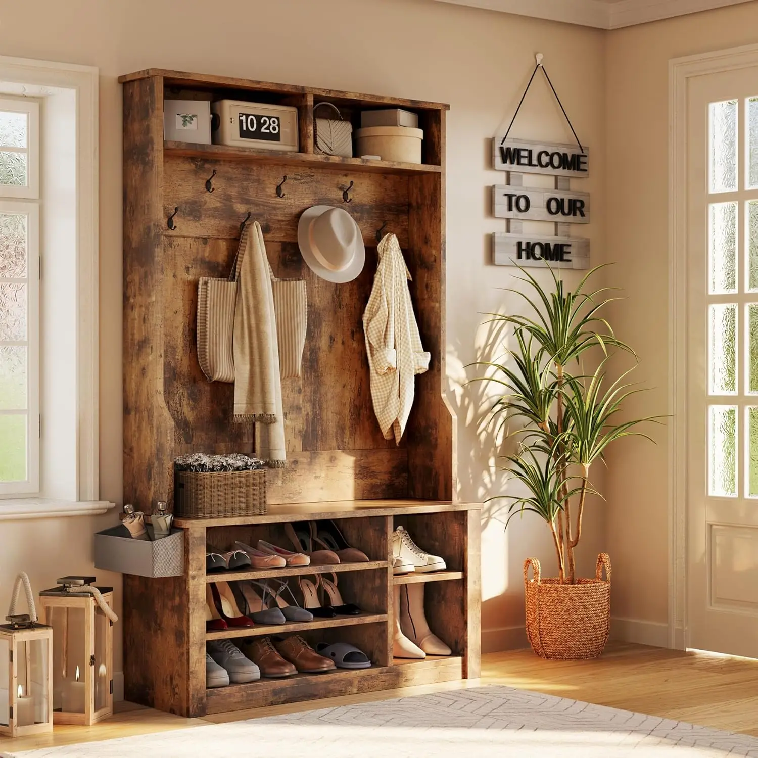 

Entryway Hall Tree with Bench and Storage, 3-in-1 Hall Tree with Coat Rack, Adjustable Shoe Bench, 2-Tier top Storage