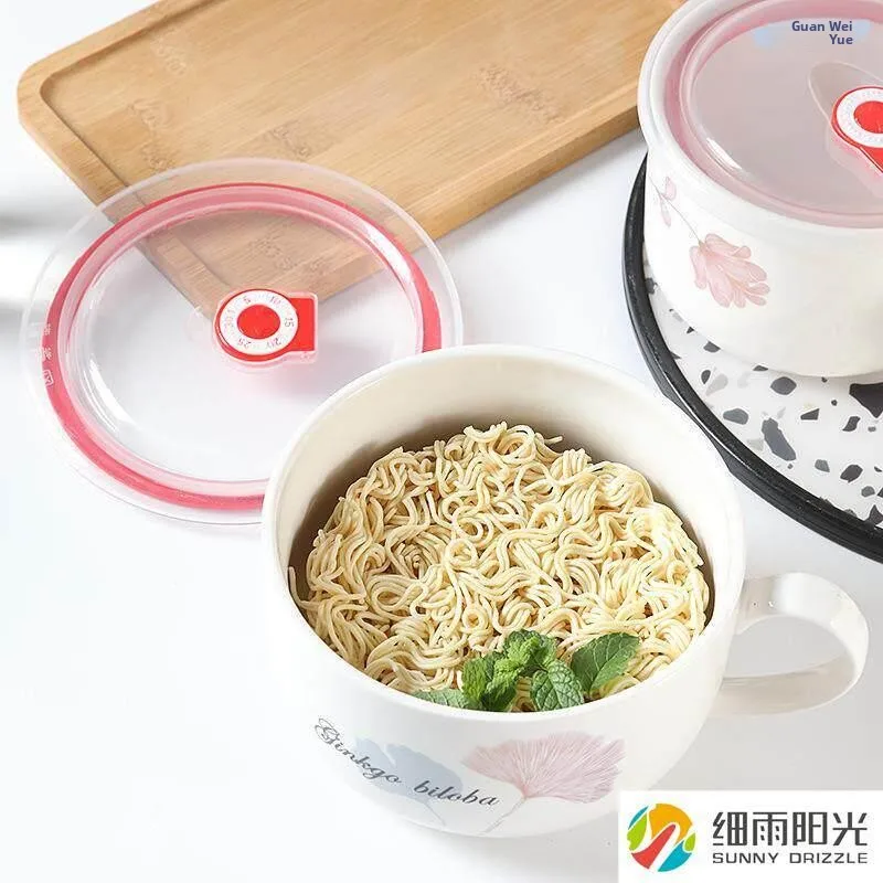 Ceramic Microwave Safe Noodle Bowl Single Ear Large Size with Lid Cute Girl Heart Student Dormitory Special Use Single Soup