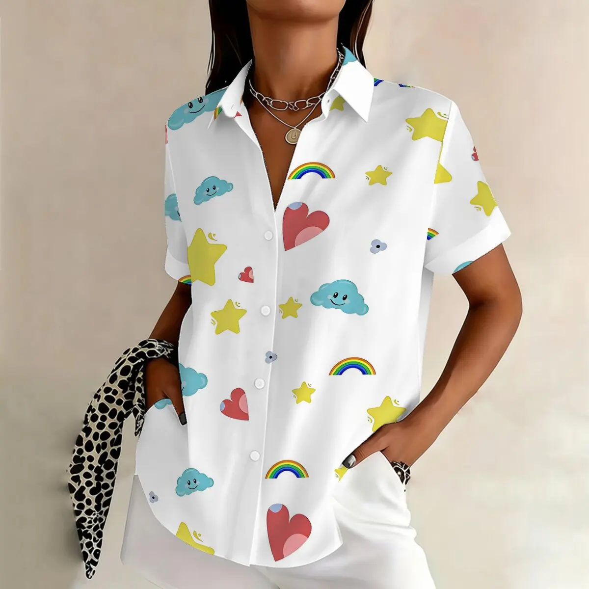 

Cute style rainbow love pattern shirt for women in summer, versatile for daily wear, casual, niche design, short sleeved