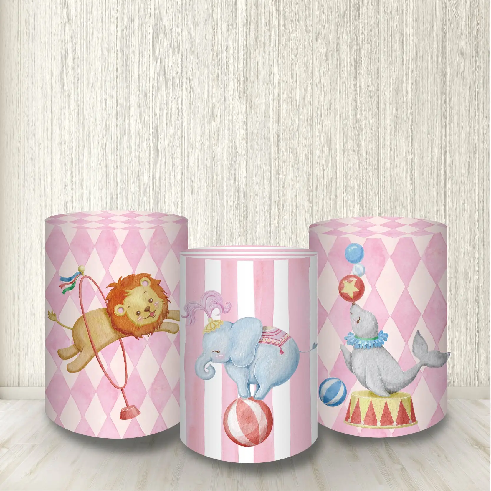 Cute Animals Pink Backdrop Cylinder Covers Circus Theme Pedestal Cove Baby Shower 1 Year Old Baby Birthday Party Table Decor