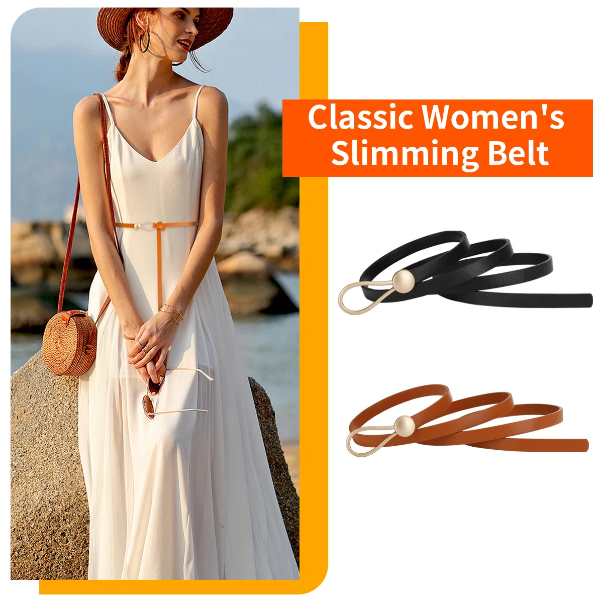 Elegant Women Thin Waist Strap Metal Bead Buckle Adjustable Slim Waist Belt for Dress Vacation Party Daily Wear