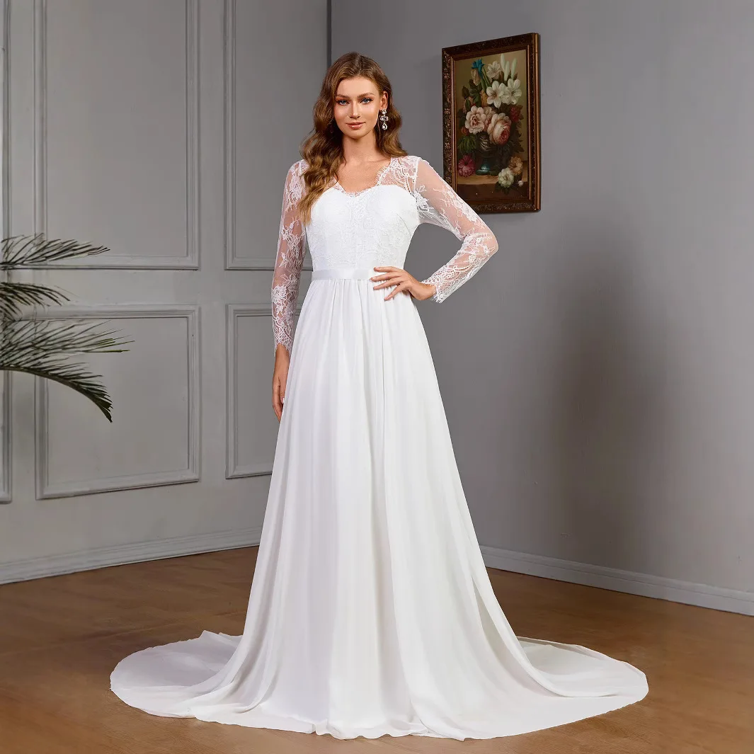 

New Women's Sexy Lace Long Sleeve Wedding Dress with Chest Cotton Pendant Dress in White Summer Dress Robe Vestido Women Party