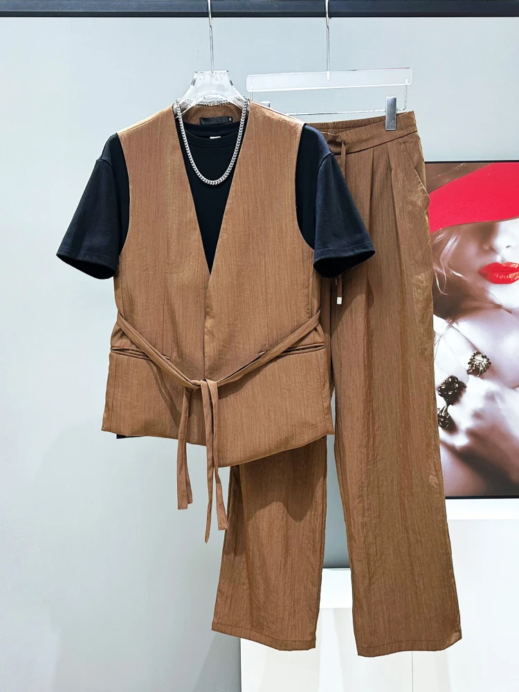

Summer Lightweight Dstring Suit Vest Set Men Casual Straight Leg Pants Two Piece Set Faionable Youth No Brand Registered