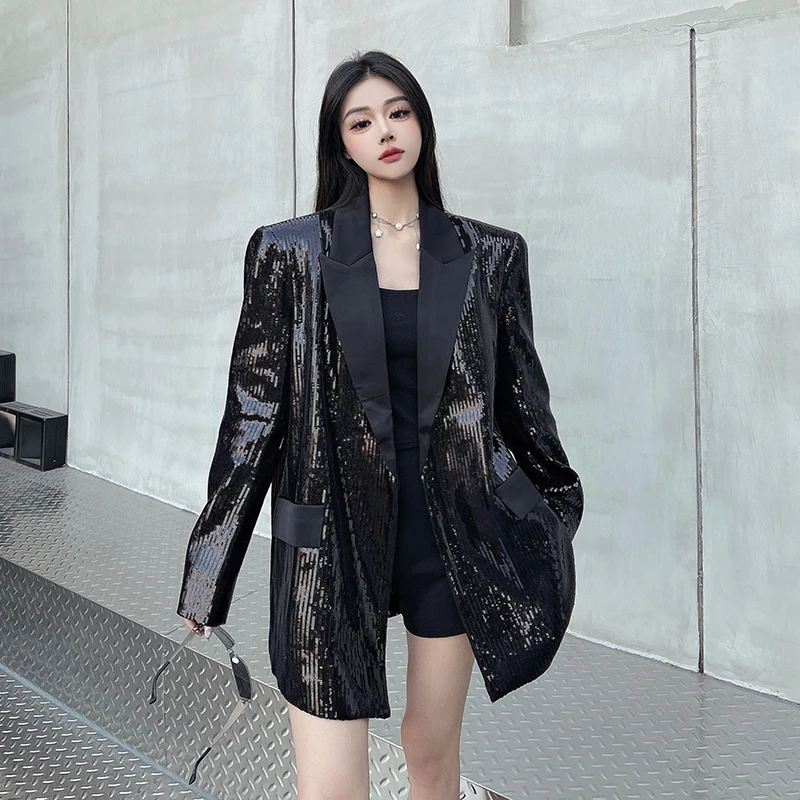 Women's Black Sparkling Sequined Blazers 2025 Spring New Loose Comfort Suit Jackets Feminine Long Sleeve Chic Tailored Coat Tops