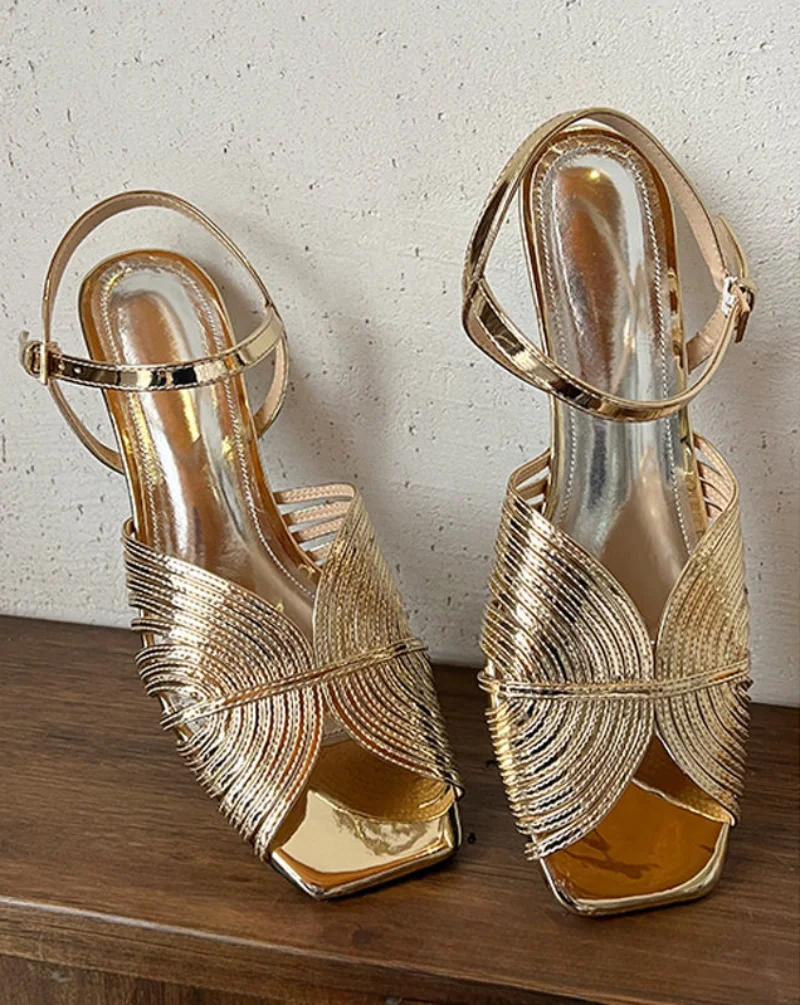 Summer 2024 Gold Sandals for Woman Open Toe Footwear Buckles Women\'s Shoes with Medium Heels Sandal Korea Comfort The Best F H