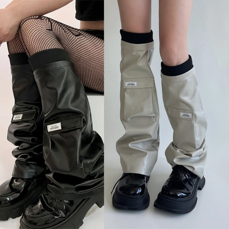 Calzini lunghi Y2k Calzini scaldamuscoli gotici in pelle PU Calzini punk per ragazze streetwear Copri gambe Calzini alti al ginocchio