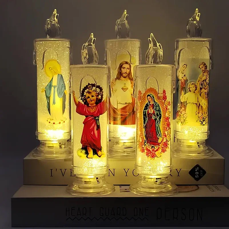 Flameless LED Prayer Candle with Jesus & Virgin Mary - Decorative Religious Night Light for Home Altar or Gift
