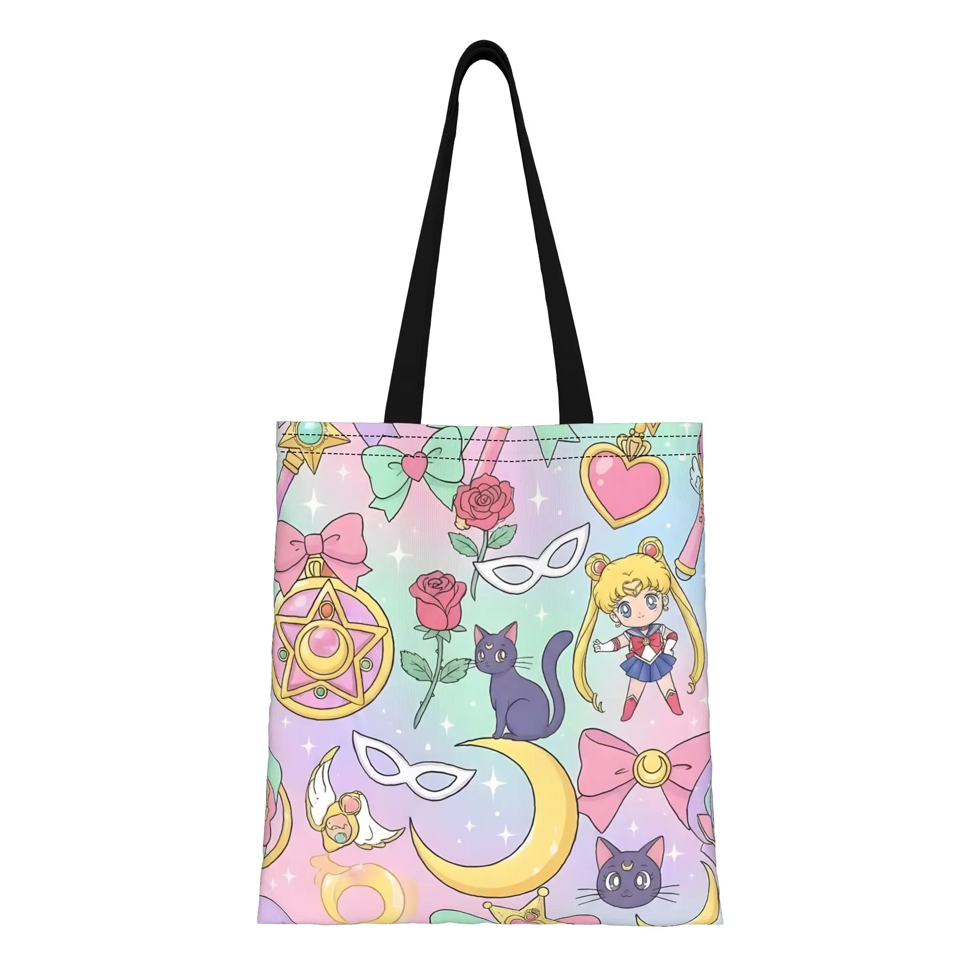 1PC Large Capacity Girl & Luna Sailor Moon Canvas Tote Bag Foldable Chic Pattern No Closed Design