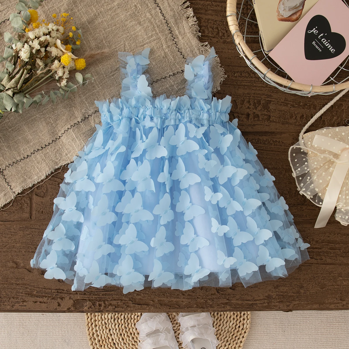 Summer Baby Blue Dress Baby Girl Beautiful Butterfly Gauze Tutu Dress Kids Birthday Gift