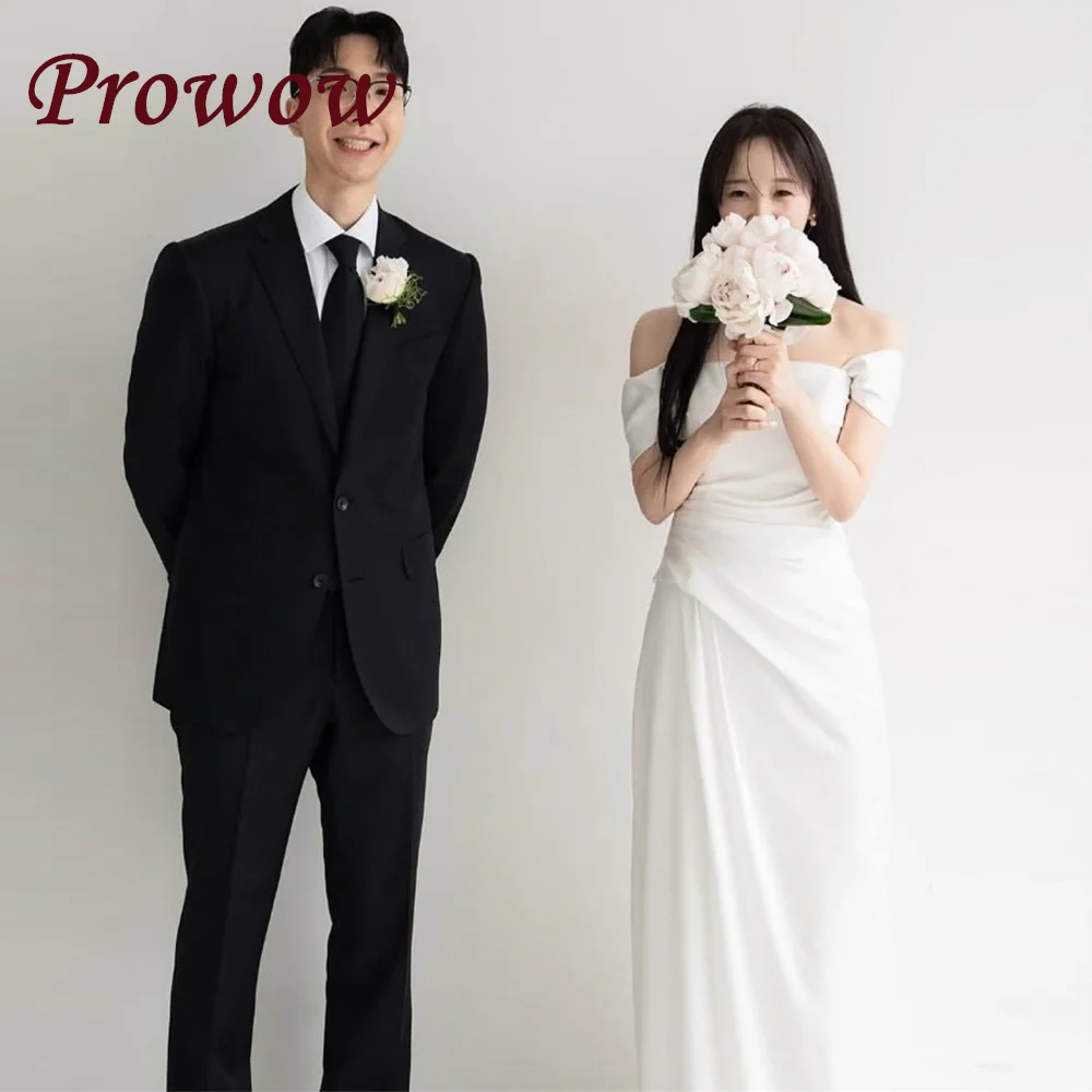 

Prowow Simple Strapless A Line Wedding Dress Korea Photoshoot Floor Length Bridal Gown Detachable Short Long Sleeves Customized