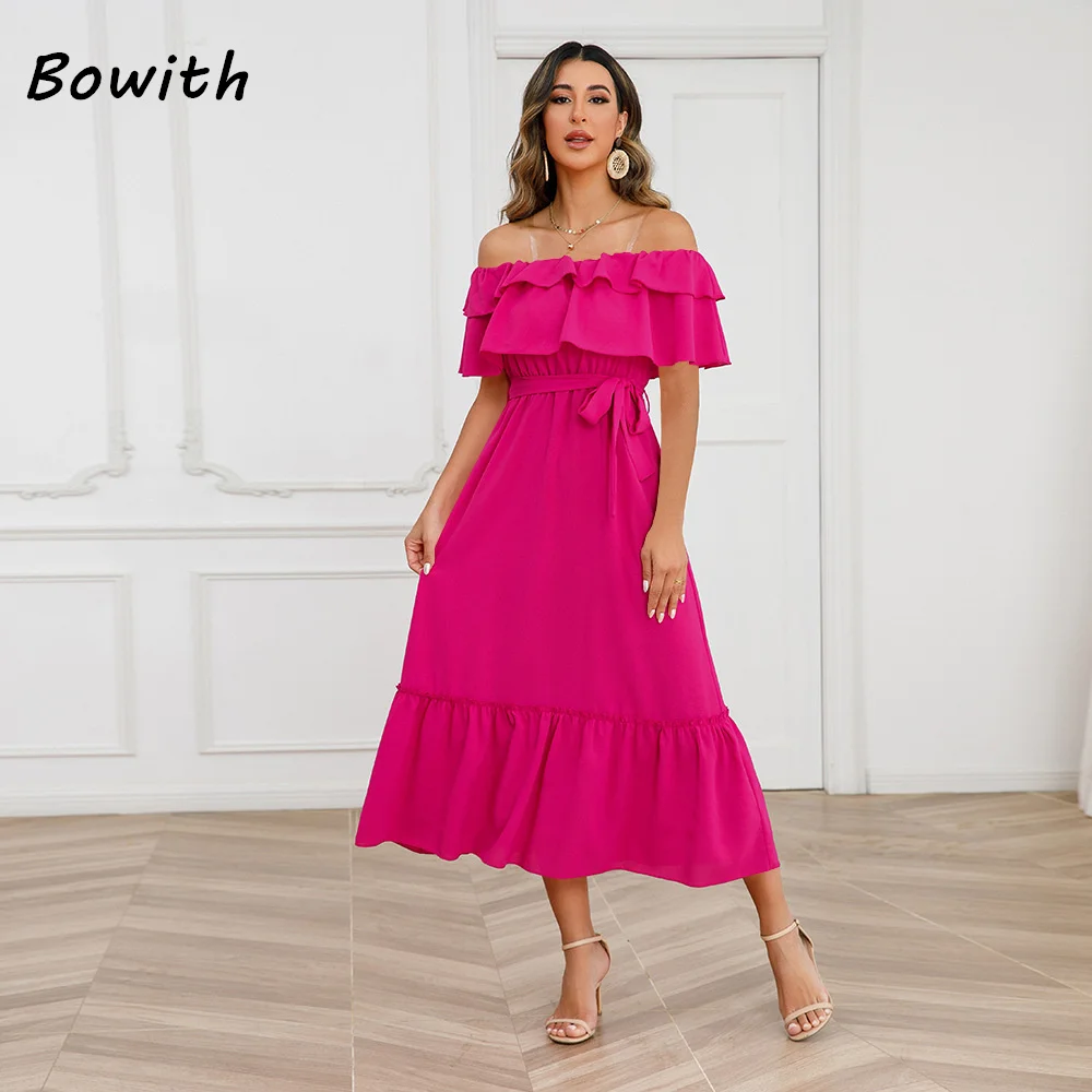 Bowith Short Sleeve Formal Dress One Line Collar Mother's Clothing Wedding Party Elegance for Women Dresses New2024 vestidos