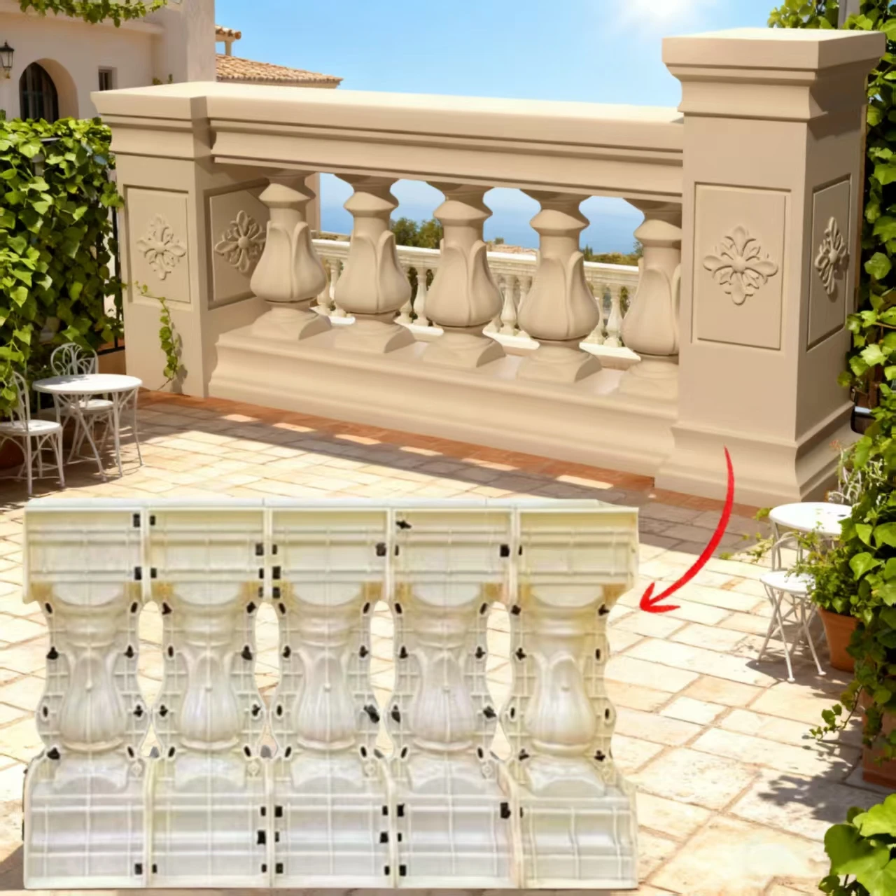 Molde de barandilla de fundición de hormigón estilo orquídea de 60 cm de alto, 1,0 m (cinco columnas pequeñas en total), molde de barandilla de columna romana, valla de villa de estilo europeo, modelo de cemento fundido en efectivo, barandilla de balcón DIY, reutilizable, fácil de operar.