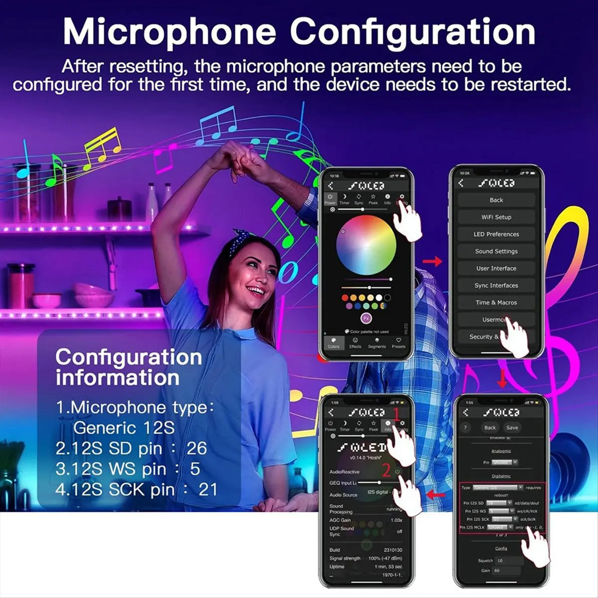 L63A  WLED LED Controller with Mic Microphone UART Download Music Sound Dynamic Lighting Modes for LED Strip Lights