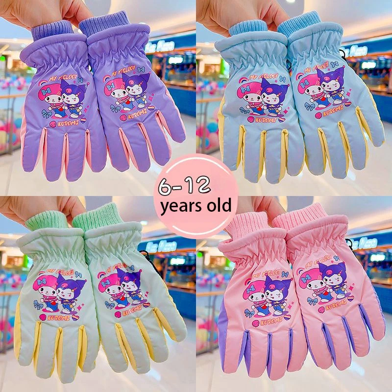 Sanrioed Kuromi My Melody Cinnamoroll Children's and Girls' Skiing Gloves for Winter Warmth Playing with Snow Waterproof Gloves