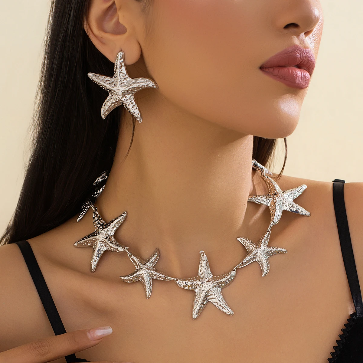 Salircon Bohemia Vintage Large Metal Starfish Choker Necklace Drop Earrings for Women  Trendy Charm Party Banquet Jewelry Set
