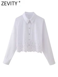 Zevity Women Fashion Hem Hollow Out Embroidery White Color Short Blouse Office Lady Buttons Shirt Chic Chemise Blusas Tops LS270