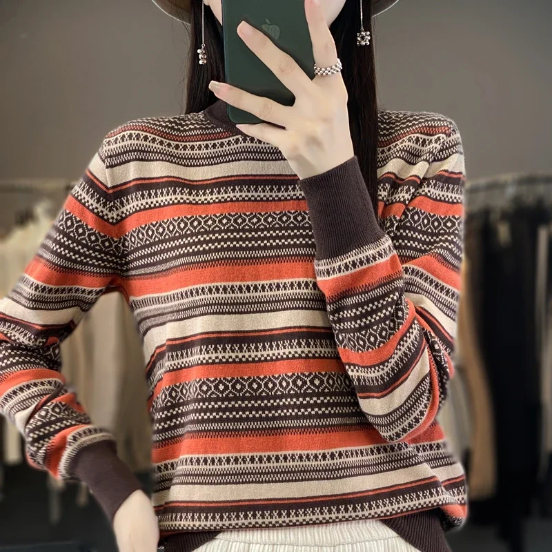 

Autumn Winter New Women 100% Cotton Soft Retro Sweater Jacquard Strip Pullover Thickened Insulation Casual Knit Base Top A443