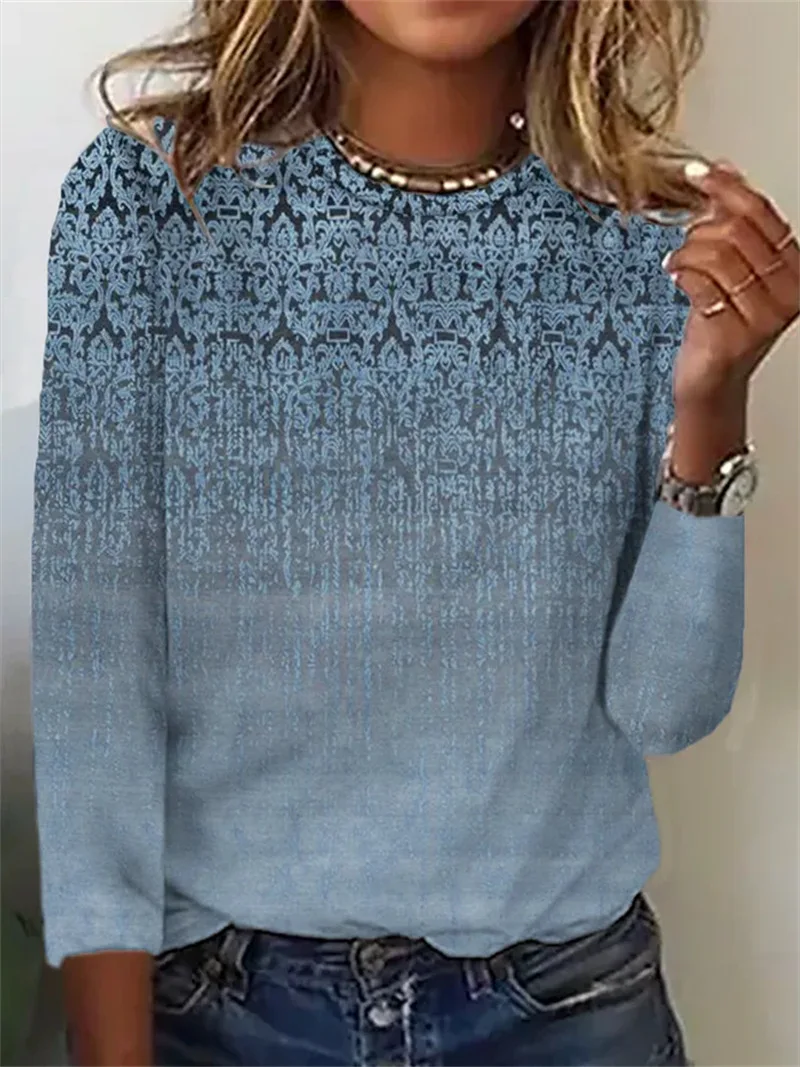 2023 Autumn and Winter Women's New Fashion Round Neck Casual Comfort Underlay Long Sleeve Flower Mang Printing Versatile T-shirt