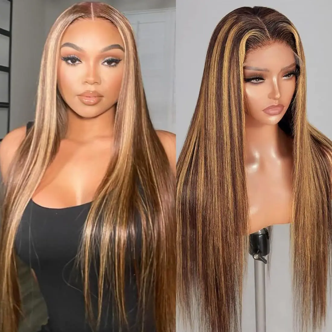 

Ombre Lace Front Wig Human Hair Highlight 13x6 HD Transparent Straight Honey Blonde Lace Frontal Wigs 4/27 Colored Wig for Women