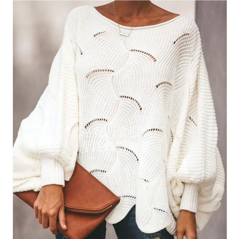 

Autumn Fashion Knitted Sweater For Womes Casual Hollow Bat Sleeve Loose Pullover 2024 New Solid Round Neck Top