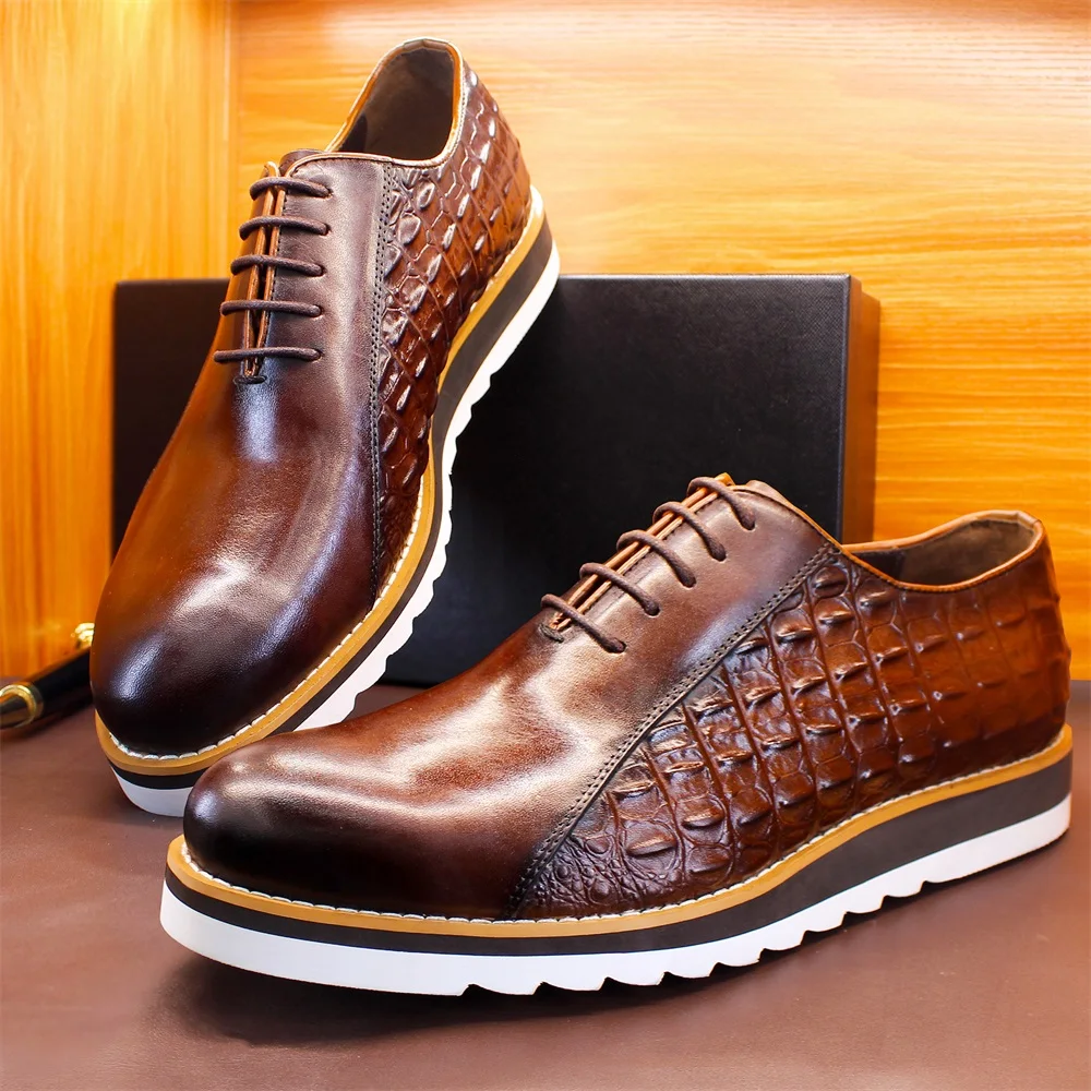 Genuine Leather Stitching Leather Shoes Casual Formal Pointed Crocodile Pattern Men Shoes Wedding Banquet Business Oxford Shoes