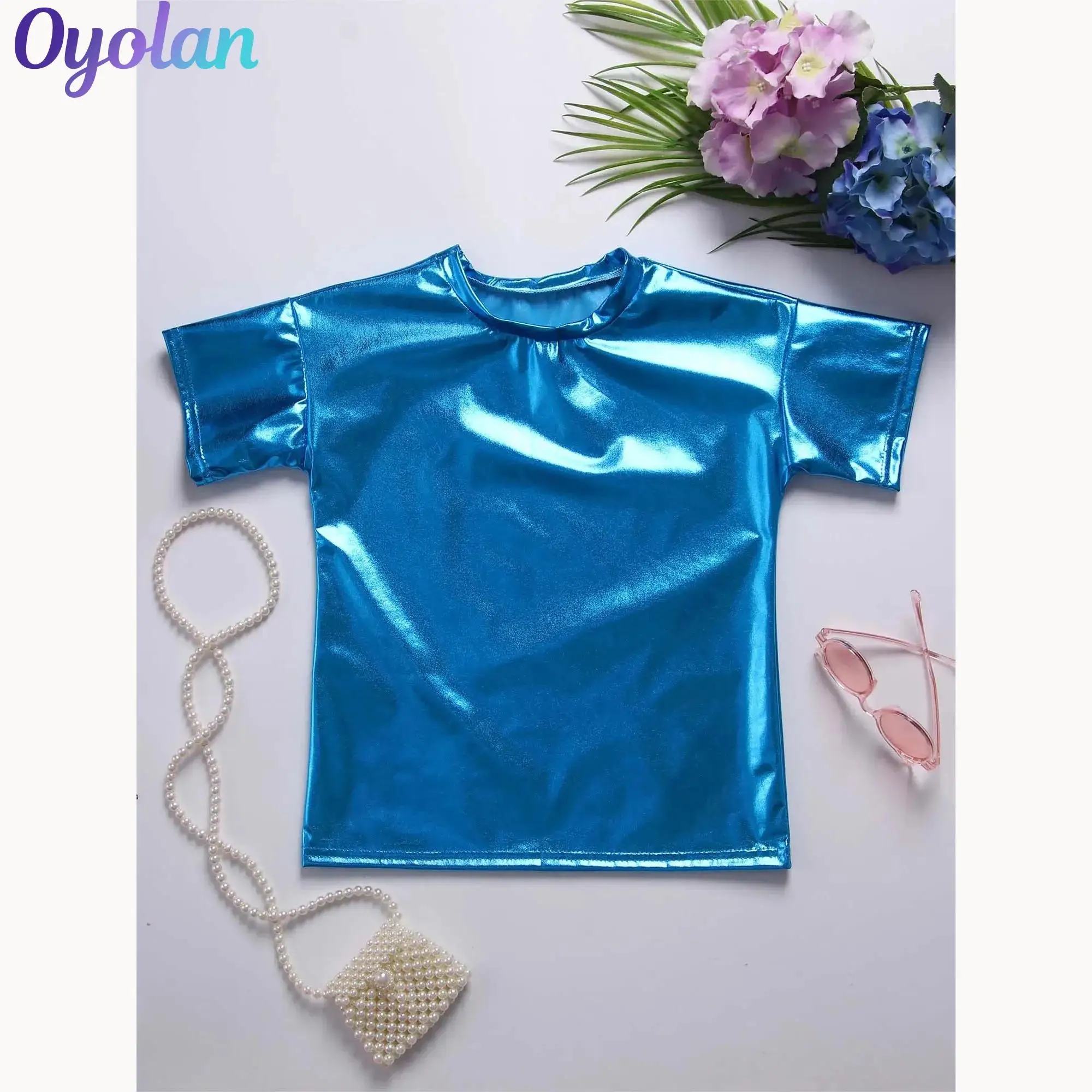 

Kids Girls Boys Hip Hop Jazz Dance Party Performance T-Shirt Tops Costume Metallic Shiny Short Sleeve Round Neck T-shirt Tops