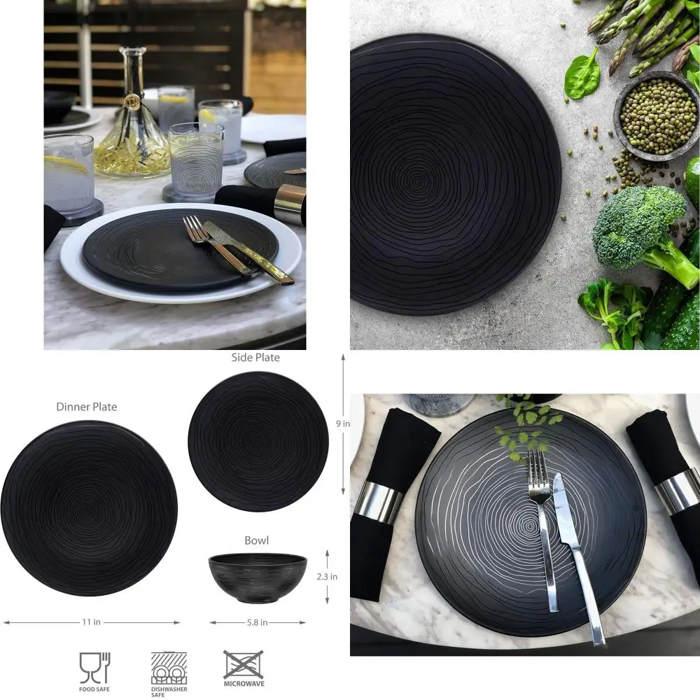 

Набор посуды из 12 предметов из меламина – прочные, пригодные для мытья в посудомоечной машине, черные тарелки и миски Organica, повседневный или праздничный набор для сервировки стола, для использования на улице