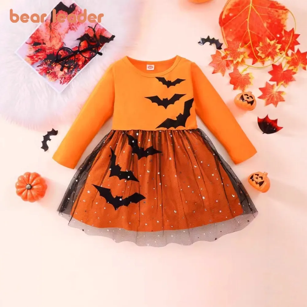 

Spring and Autumn New Children's Clothing Long Sleeve Girls' Dresses Halloween Cartoon Print Splicing Mesh Princess Dress