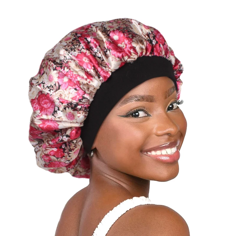 Frauen Satin Motorhaube Elastische Breite Band Blumen Druck Nacht Schlaf Hut Haarausfall Kopf Wrap Chemo Haarpflege Dusche Make-Up Kappe – Detail 8