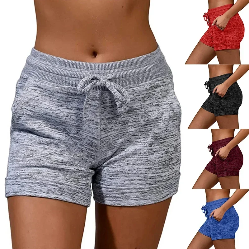 Solid Slant Pocket Drawstring Shorts Casual Elastic Waist Fitted Shorts Women's Clothing