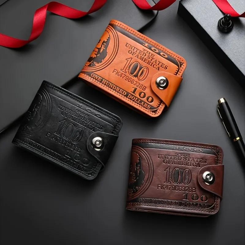 Men's 100 Dollar Bill Leather Wallet Bifold Design Snap Button Card Holder Cash Pocket Fashion Novelty Wallet
