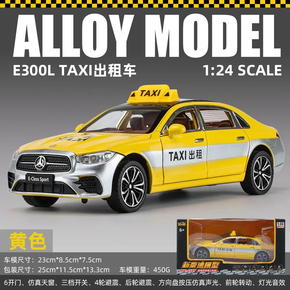 1:24 Mercedes-Benz E300L taxi High Simulation Diecast Metal Alloy Model car Sound Light Pull Back Collection Kids Toy Gifts