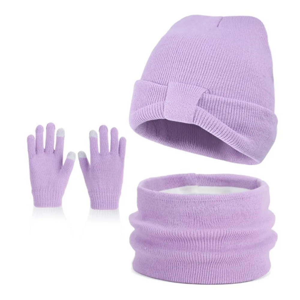 

3Pcs/Set Solid Color Knitted Hats Windproof Knitted Children Hat Scarfs Gloves Set Pompom Warm Thicken Winter Beanie Gift Set
