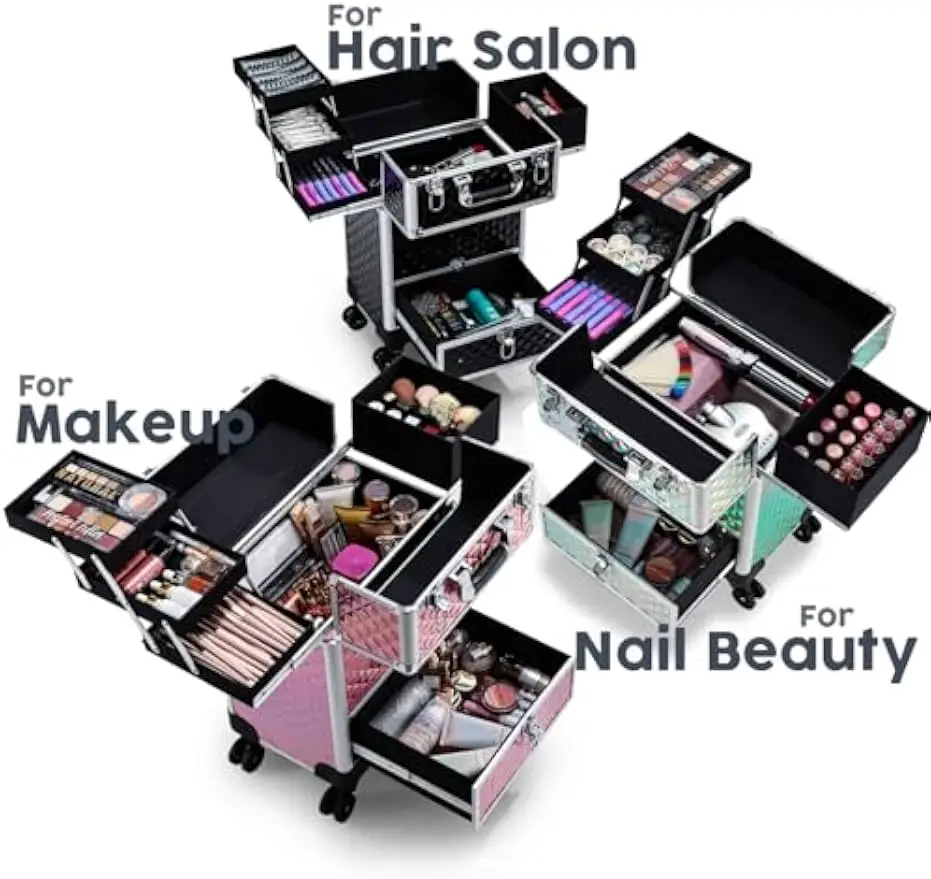 Makeup Travel Case Cosmetic Trolley Storage Rolling Sliding Drawer 4 Tray Wheels Salon Barber Cart Trunk Cosmetologist Nail Tech