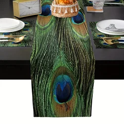 1pc Luxurious Green Peacock Feather Texture Linen Table Runner Stain Repellent for Dining Room Kitchen Festive Tablecloth